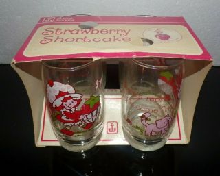 4 Vintage Nos Anchor Hocking Strawberry Shortcake Water Drinking Glasses W/box