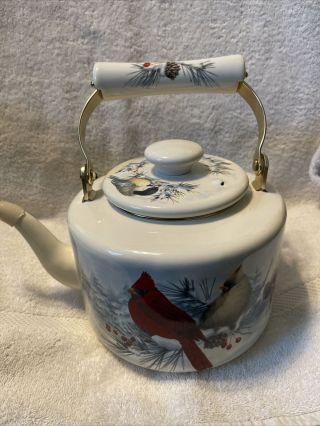 Vintage Lenox Winter Greetings Red Cardinal Enamel Tea Kettle