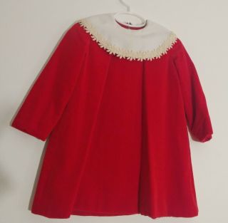 Vintage 1960s Red Velvet Baby Girl Size 1 - 2 White Collar Long Sleeve Dress