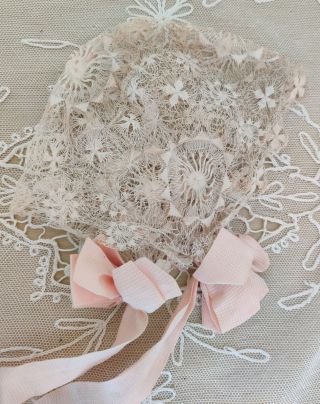 Antique Victorian Handmade Needle Lace Baby Bonnet W Pink Silk Bows Ties Doll