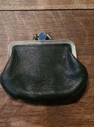 Vintage Black Cowhide Leather Kiss Lock Coin Change Purse Divided 4 "