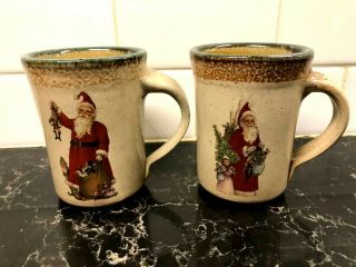 Vintage Monroe Salt Pottery Maine 2 Coffee Mugs Cups Christmas Santa Claus