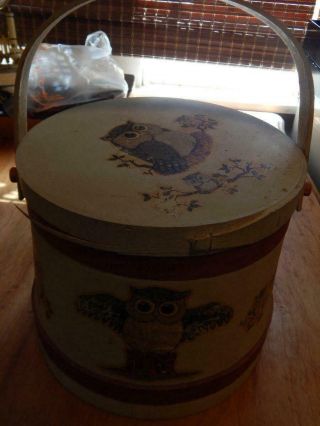 Old Wooden Bucket,  With Lid And Handle,  Made Into Sewing Box,  Tole Owl