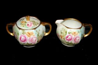 Antique Rs Germany Prussia Porcelain Creamer & Sugar Set Pink Roses Gold Trim