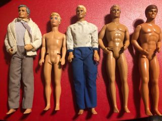 5 Vintage Mattel Ken Barbie Dolls 1968 - ? 2 W/ Outfits.  Good Conditi