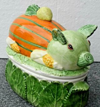 Vintage Neiman Marcus Pig Cabbage Leaves Dish W/lid Hand Painted In Italy Rare