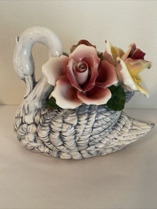 Vintage Capodimonte Ceramic Hand - Painted Swan With Roses Italy