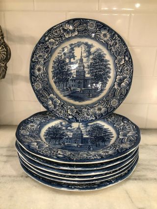 Liberty Blue Independence Hall 9 3/4 " Dinner Plates,  Set Of 7