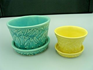 Two Vintage Mccoy Pottery Flower Pots Aqua And Yellow 4.  25 " & 6 "