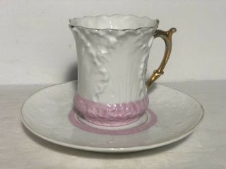 Antique Pink White Porcelain Cup Saucer With Gold Trim