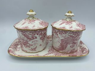 Vtg Royal Crown Derby English Porcelain Red Aves Pattern Condiment Set W/ Tray