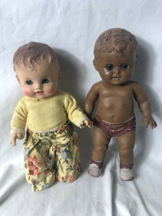2 Vintage Sun Rubber Dolls Tod - L - Tot Black Boy Baby And Sunbabe White One Great