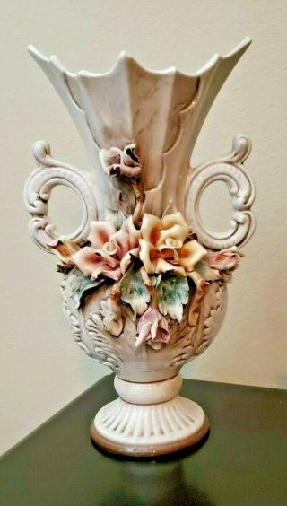 Vintage Capodimonte Double Handle Porcelain Pitcher Vase Flowers 16 " X 9 " Wide