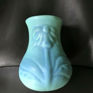 Antique Van Briggle Matte Turquoise Pottery Vase,  4 1/4 In,  With Coneflower
