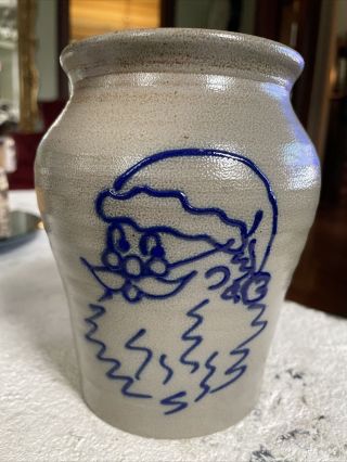 Vintage Bbp Beaumont Brothers Pottery Salt Glaze Crock Cobalt Blue Santa Claus
