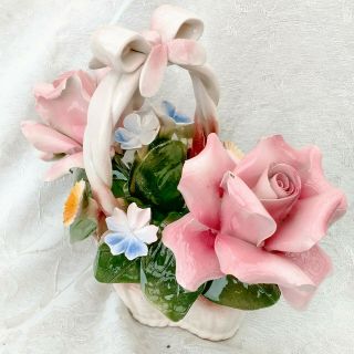 Vintage Capodimonte Italy Basket Of Sculpted Pink Roses Blue & Gold Flowers 9 "