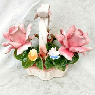 Vintage Capodimonte Italy Basket of Sculpted Pink Roses Blue & Gold Flowers 9 