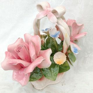 Vintage Capodimonte Italy Basket of Sculpted Pink Roses Blue & Gold Flowers 9 