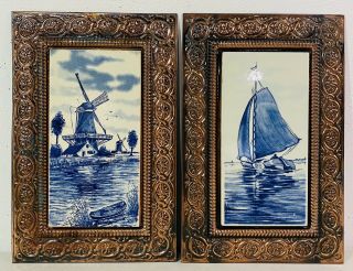 2 Vintage Dutch Delft Blue Copper Framed Windmill Boat Ship Tile Pair Holland