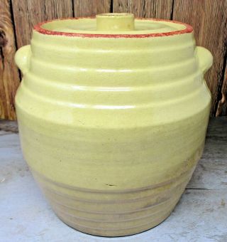Antique Yellow Ware Crock W/ Lid " Stacked Honey Comb " Shape & Red Trim