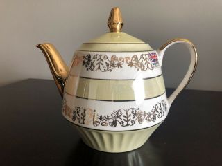 Antique Gibsons Staffordshire England Gold Trimmed Light Green White Teapot