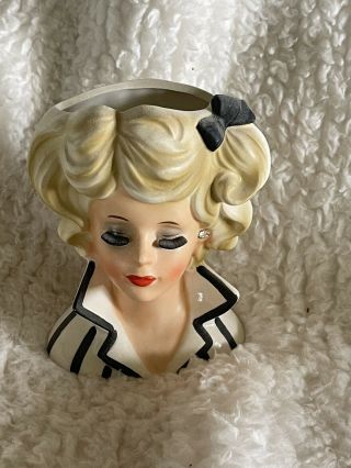Royal Crown Lady Head Vase 4 3/4” Blonde With A Black Bow Striped High Collar