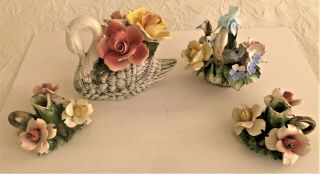 Large Capodimonte Swan Centerpiece,  Candlesticks,  Basket W/ Flowers Italy Vintage