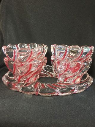 Mikasa Crystal Red Peppermint Swirl - 4 Bowls Dishes & 1 Oval Platter Tray