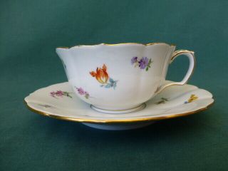 Antique Meissen Blue Crossed Swords Hand Painted Scattered Flowers Cup & Saucer