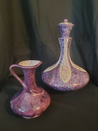 Vintage 1960s Purple White Splatter Drip Glaze Decanter Genie Bottle & Vase