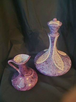 Vintage 1960s Purple White Splatter Drip Glaze Decanter Genie Bottle & Vase 2