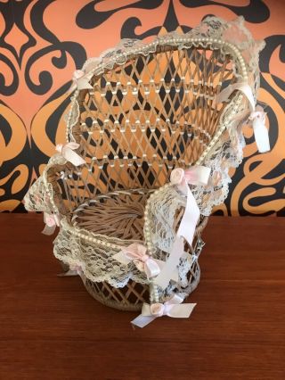 Vintage Miniature Wicker And Lace Peacock Chair For A Doll Or Teddy.  27cm High
