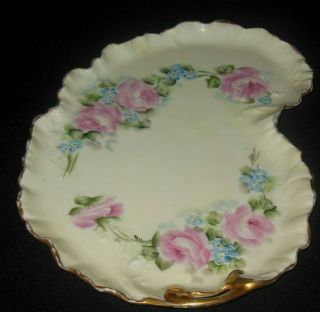 W Guerin Limoges Hand Painted Scalloped Rim Tray Pink Roses Blue Forget Me Knots