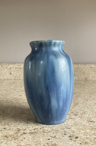 6” Camark Pottery Vase Blue Drip Glaze,  Marked With Impressed Block Letters