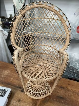 Vintage Miniature Wicker Rattan Peacock Chair Doll Plant Stand Boho