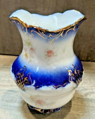 Antique Flow Blue La Belle China Vase Floral Design Gold Trim Victorian Style