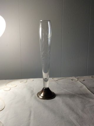 Duchin Creation Sterling Silver Etched Glass Tall Bud Vase Weighted.