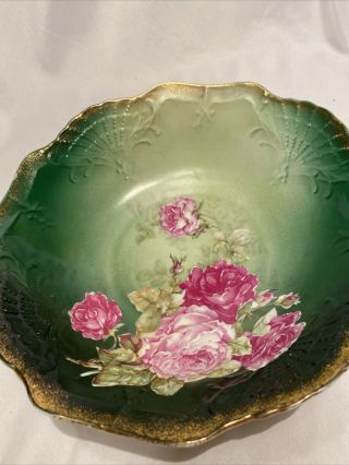 Antique German Porcelain (1906 - 1916) Hand Painted Floral Rose Bowl Gold Trim