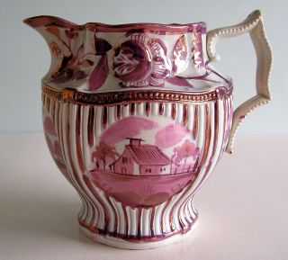 Antique Staffordshire Pink Lustre Roses & Hand Painted Houses X4 Pitcher C1820