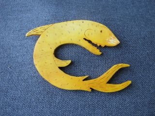 Antique Art Deco Flapper Carved Dyed Yellow Galalith Fish Large Applique Bead