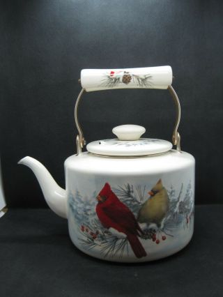 Vintage Lenox Winter Greetings Red & Yellow Cardinal Enamel Tea Kettle Pot