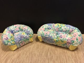 1994 Toymax Floral Fabric Stuffed Couch And Chair Set For Barbie Size Dolls