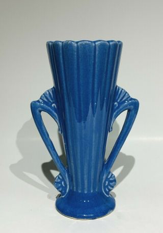 Vintage Brush Art Pottery Royal Blue Art Deco Design Double Handled Vase