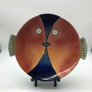 Vtg Studio Pottery Kissing Fish Plate Platter Dish Signed Sa Wall Blue Art