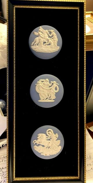 Vintage Wedgwood 4.  25x10 " Plaque 3 Blue 2 " Round Medallions Black Velvet Framed