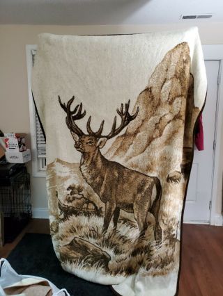 Vintage San Marcos Blanket Reversible Deer Buck 85” X 65” Tag Has Been Removed