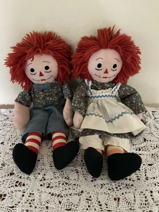 Vintage Raggedy Ann & Andy Cloth Rag Dolls Handmade Pair By Leah Pickering 20”