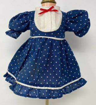 Vintage Blue & White Polka Dot Doll Dress With Red Ribbon 7 1/2 " Long