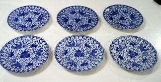 Vintage Japanese Blue & White Phoenix Bird Porcelain 7 1/4 " Plates Set Of 6