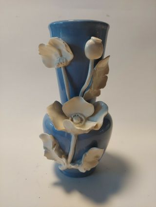 Antique Pottery White & Blue Ceramic 7 In Vase Poppy Czechoslovakia Royal Dux